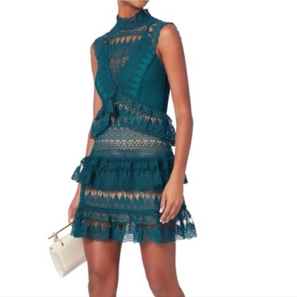 Self Portrait Teal Teardrop Guipure Panelled Mini Dress